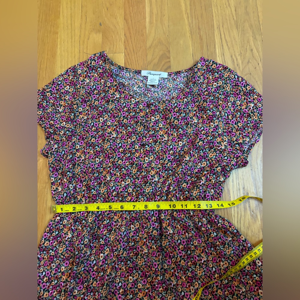 Passport Floral Mini Dress Size L Boho Cottagecore Rayon Pink Orange Black - Picture 7 of 8